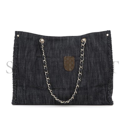 CHANEL DARK BLUE EMBROIDERED DENIM NIGHT FLIGHT TOTE BAG (40*30cm)